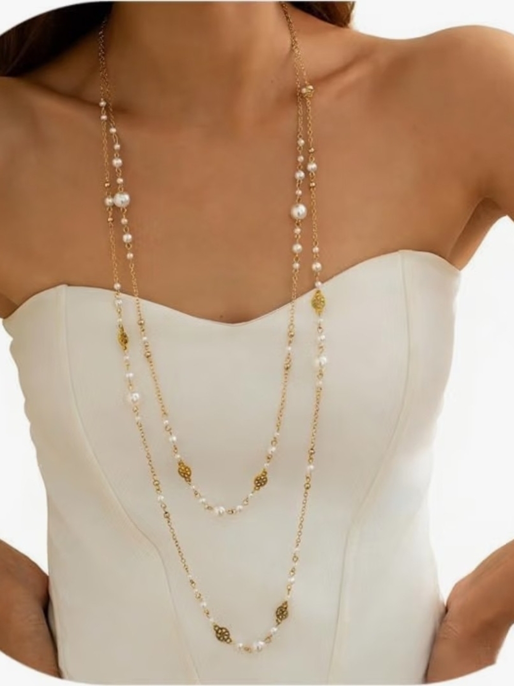 Long Gold Pearl Necklaces for Women Trendy Dainty Layered Pearls Statement